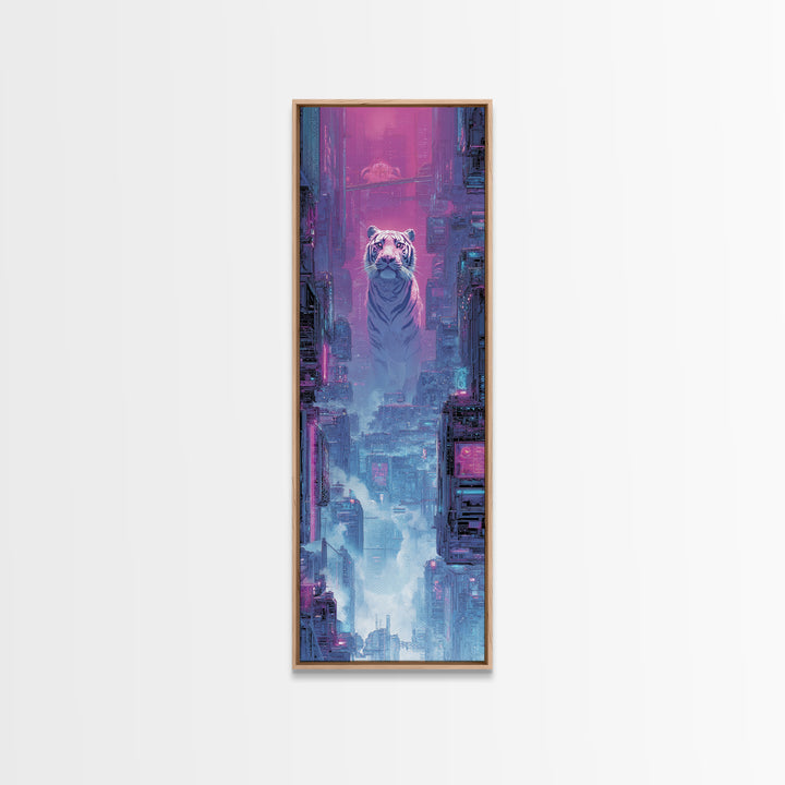 Neon Tiger Emerging from Digital Fog Canvas Print, Cyberpunk Art, Digital Art, Living Room Decor, Fine Art, Neon, Cool Wall Art, CYB-1x3-93
