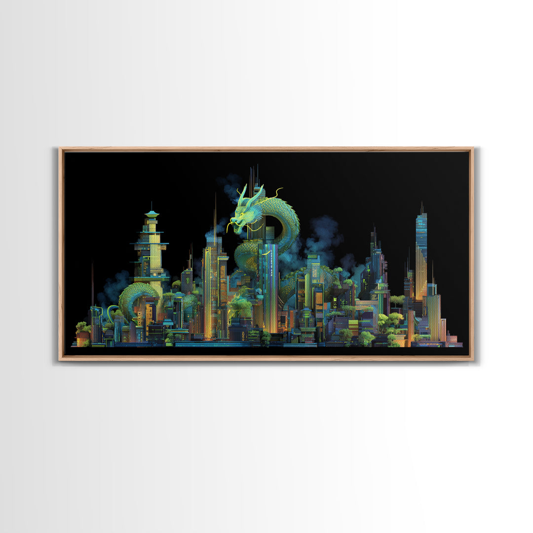 Neon Dragon Wrapped Around Skyscraper Shapes Framed Canvas Print, Cyberpunk Art, Living Room Decor, Abstract Art, Neon, CYB-2x1-10