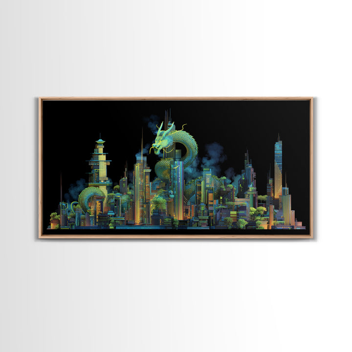 Neon Dragon Wrapped Around Skyscraper Shapes Framed Canvas Print, Cyberpunk Art, Living Room Decor, Abstract Art, Neon, CYB-2x1-10