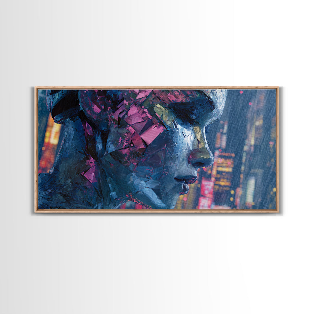 Ai Mask Portrait Framed Canvas Print, Cyberpunk Art, Statement Artwork, Living Room Decor, Fine Art, Neon, Art Print, CYB-2x1-20