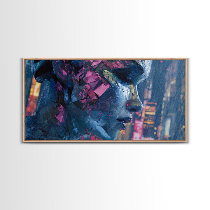 Ai Mask Portrait Framed Canvas Print, Cyberpunk Art, Statement Artwork, Living Room Decor, Fine Art, Neon, Art Print, CYB-2x1-20
