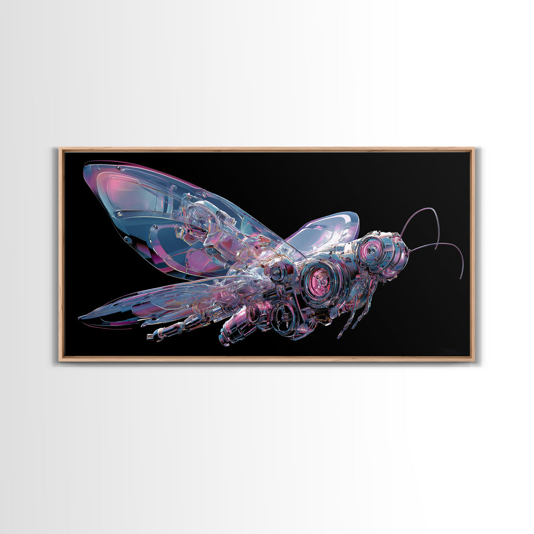 Holographic Butterfly over Black Metal Surface Canvas Print, Cyberpunk Art, Printable Wall Art, Living Room Decor, Neon, CYB-2x1-39