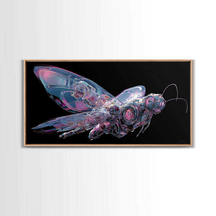 Holographic Butterfly over Black Metal Surface Canvas Print, Cyberpunk Art, Printable Wall Art, Living Room Decor, Neon, CYB-2x1-39