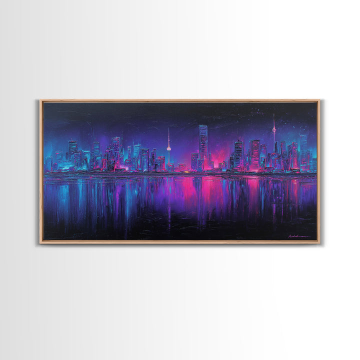 Neon Skyline Reflected Framed Canvas Print, Cyberpunk Art, Room Decor, Living Room Decor, Abstract Art, Neon 142, Cyberpunk, CYB-2x1-42