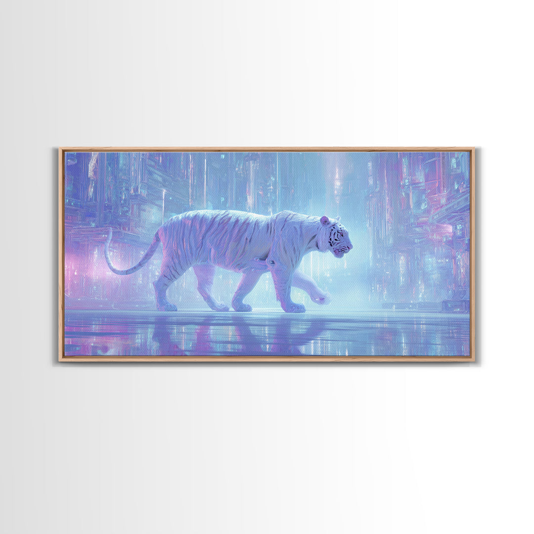 Neon Tiger Emerging from Digital Fog Framed Canvas Print, Cyberpunk Art, Digital Wall Art, Living Room Decor, Watercolor Art, CYB-2x1-5