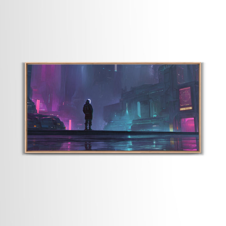 Masked Hacker Figure Framed Canvas Print, Cyberpunk Art, Wall Decor, Living Room Decor, Fine Art, Neon, Japanese Art, CYB-2x1-50