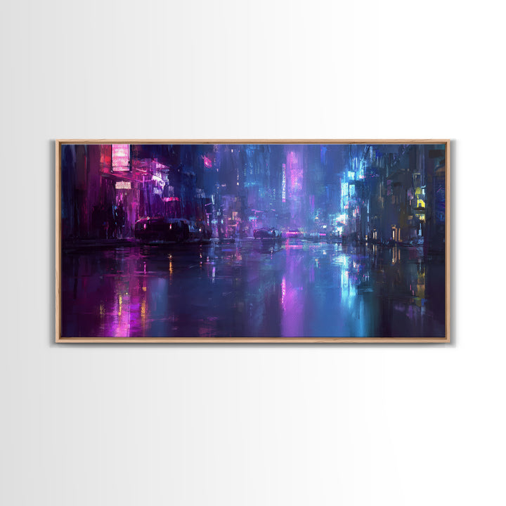 Rain Soaked Alley Canvas Print, Cyberpunk Art, Art Print, Living Room Decor, Abstract Art, Neon, Blue Wall Art, Cool Wall Art, CYB-2x1-52
