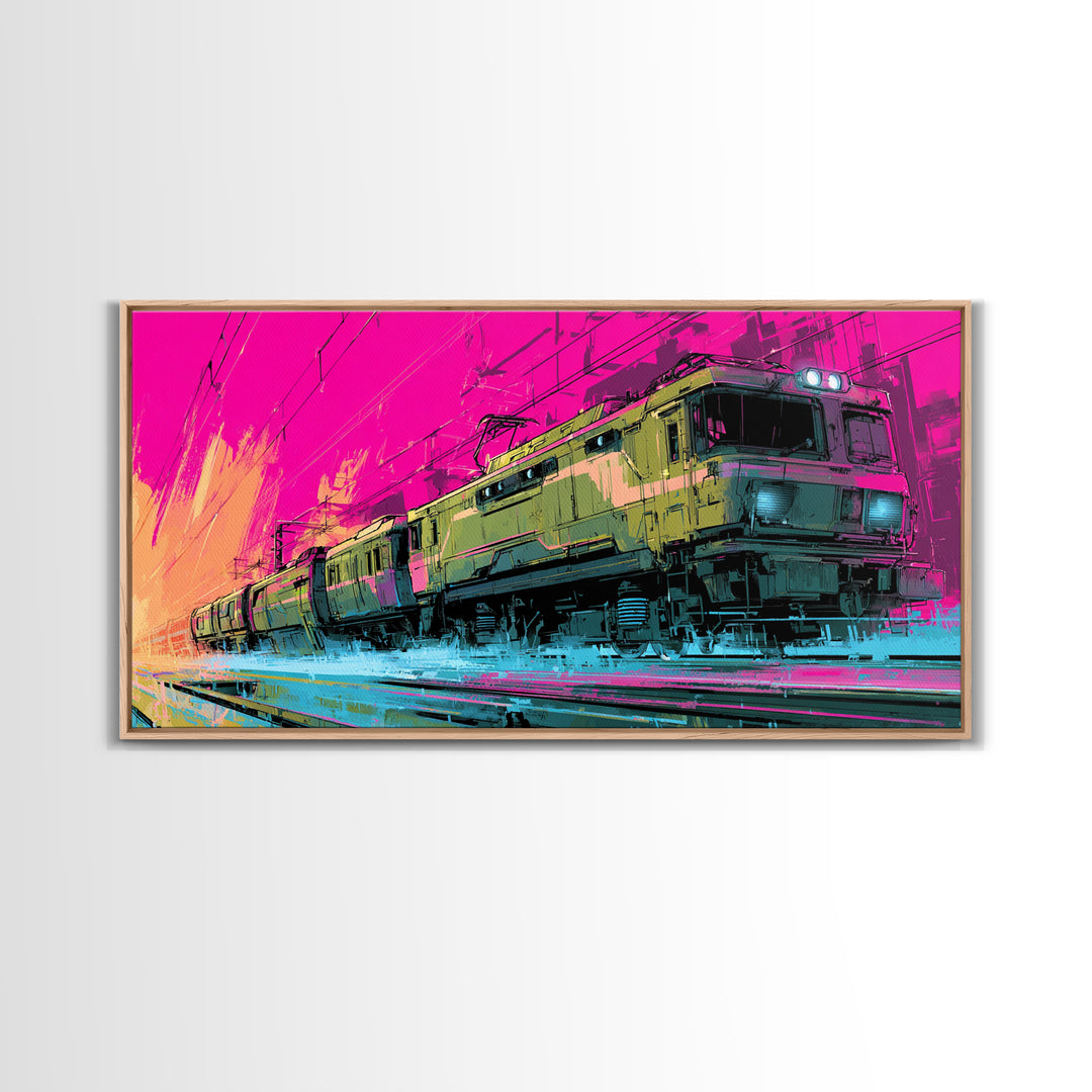 City Train Rushing Through Pink Electric Haze Canvas Print, Cyberpunk Art, Gothic Decor, Living Room Decor, Fine Art, Neon, CYB-2x1-57