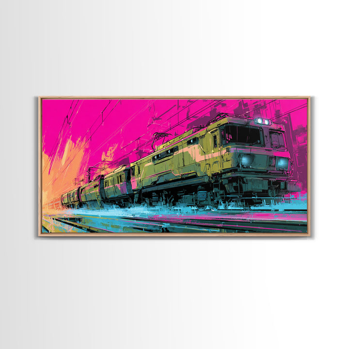 City Train Rushing Through Pink Electric Haze Canvas Print, Cyberpunk Art, Gothic Decor, Living Room Decor, Fine Art, Neon, CYB-2x1-57