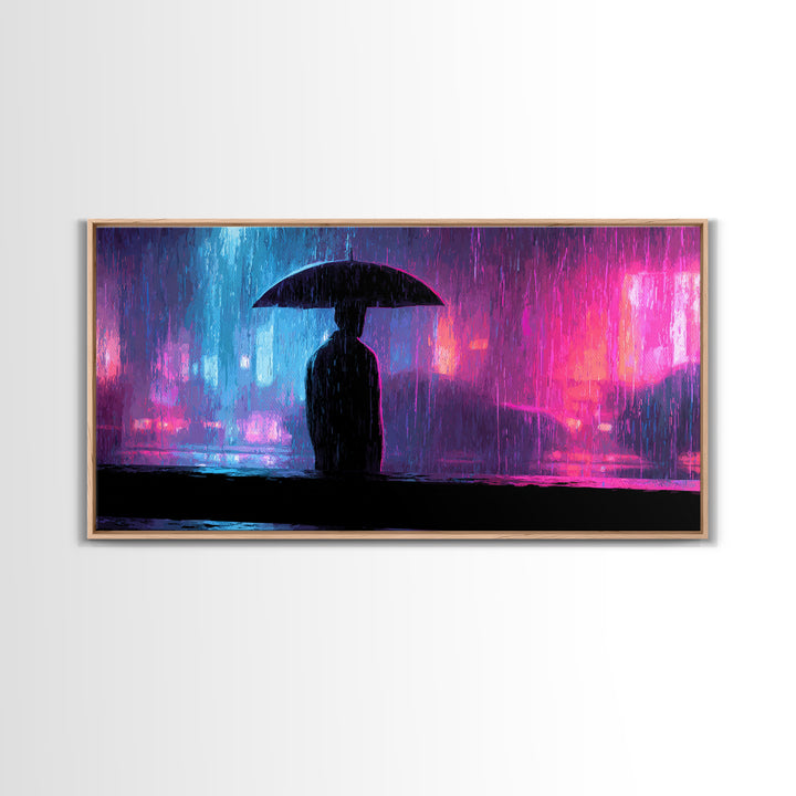 Glowing Umbrella Figure Framed Canvas Print, Cyberpunk Art, Cyberpunk Jacket, Living Room Decor, Fine Art, Neon, Boho Decor, CYB-2x1-59