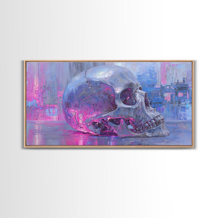 Cyberpunk Skull with Chrome and Violet Light Canvas Print, Cyberpunk Art, Cyberpunk 2077, Living Room Decor, Fine Art, Neon, CYB-2x1-64