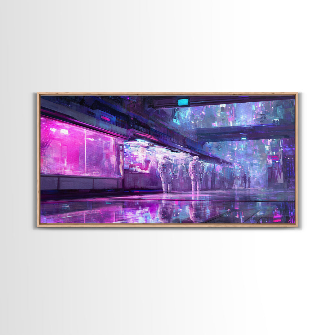 Astronaut Street Wanderer Framed Canvas Print, Cyberpunk Art, Gallery Decor, Living Room Decor, Fine Art, Neon, Wall Art, CYB-2x1-67