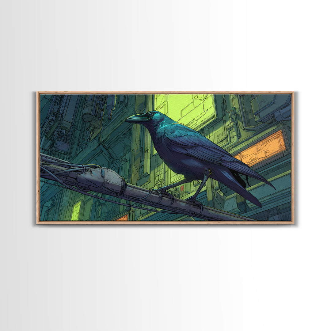 Cybernetic Raven Perched on a Cable Framed Canvas Print, Cyberpunk Art, Art Print, Living Room Decor, Fine Art, Neon, CYB-2x1-7