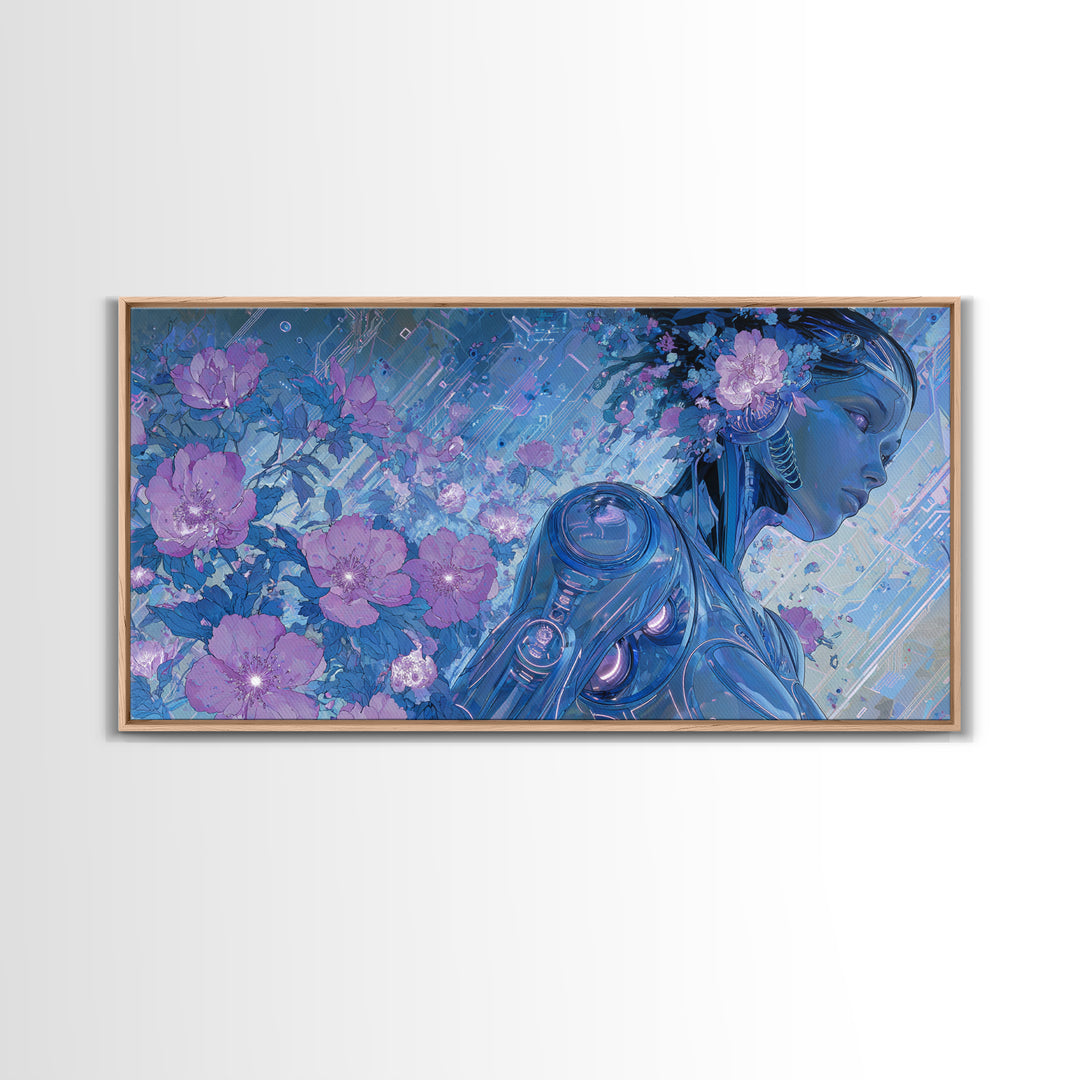 Android Woman with Glowing Circuitry and Flowers Canvas Print, Cyberpunk Art, Cyberpunk Helmet, Living Room Decor, Neon, CYB-2x1-71