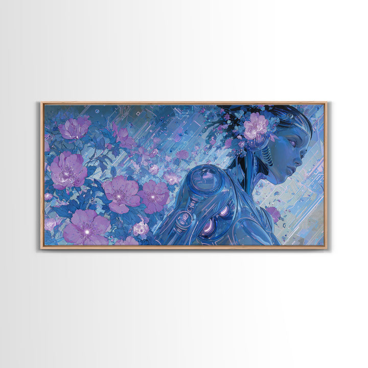 Android Woman with Glowing Circuitry and Flowers Canvas Print, Cyberpunk Art, Cyberpunk Helmet, Living Room Decor, Neon, CYB-2x1-71