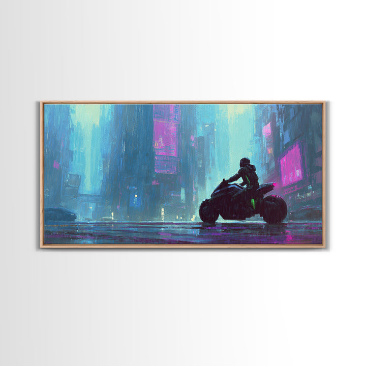 Motorcycle Rider under Holographic Signs Framed Canvas Print, Cyberpunk Art, Gothic Decor, Living Room Decor, Fine Art, Neon, CYB-2x1-72