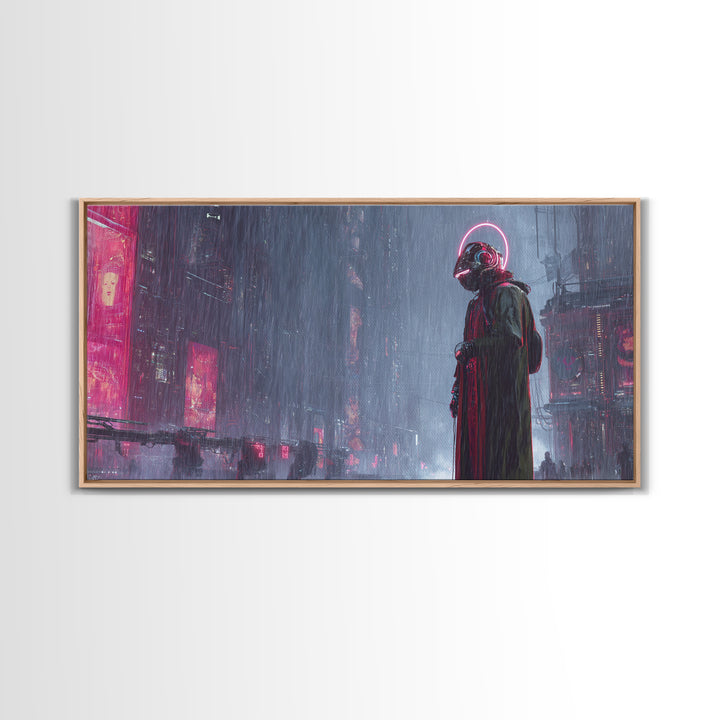 Masked Hacker Figure Canvas Print, Cyberpunk Art, Digital Wall Art, Living Room Decor, Fine Art, Neon, Man Cave Decor, CYB-2x1-74