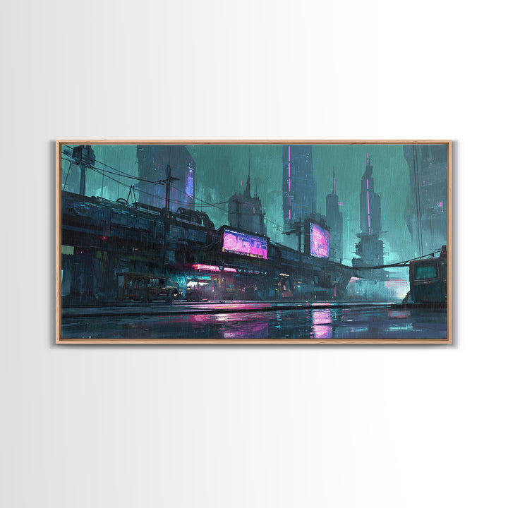Retro Arcade Dystopia Canvas Print, Cyberpunk Art, Cyberpunk, Living Room Decor, Fine Art, Neon, Modern Art, Blue Wall Art, CYB-2x1-78