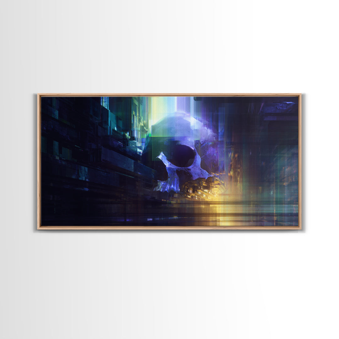 Cyberpunk Skull with Chrome and Violet Light Framed Canvas Print, Cyberpunk Art, Japanese Wall Art, Living Room Decor, Neon, CYB-2x1-88