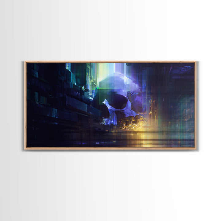 Cyberpunk Skull with Chrome and Violet Light Framed Canvas Print, Cyberpunk Art, Japanese Wall Art, Living Room Decor, Neon, CYB-2x1-88