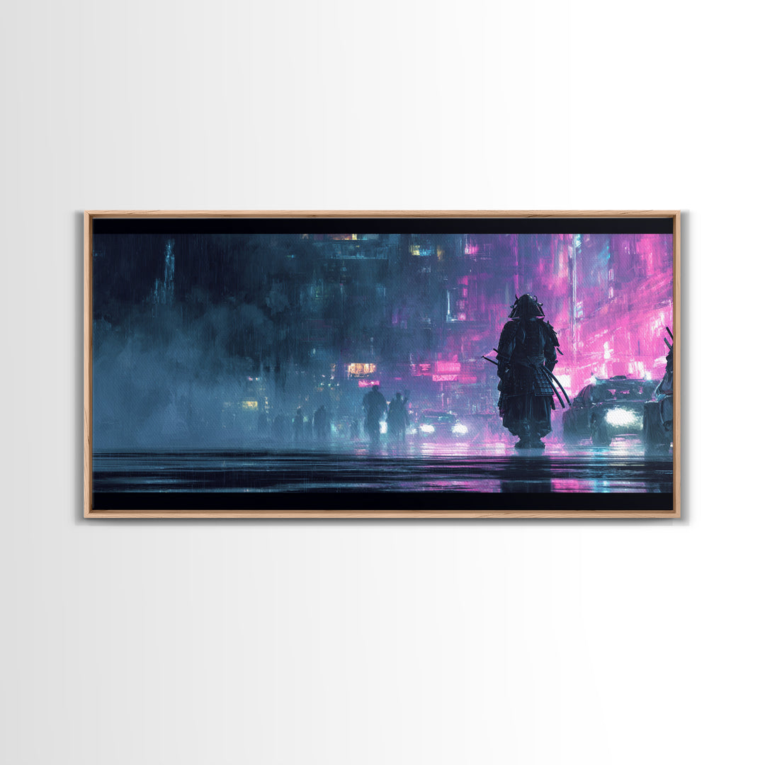 Neon Samurai Portrait Canvas Print, Cyberpunk Art, Cool Wall Art, Living Room Decor, Neon, Gallery Decor, Neutral Decor, CYB-2x1-93