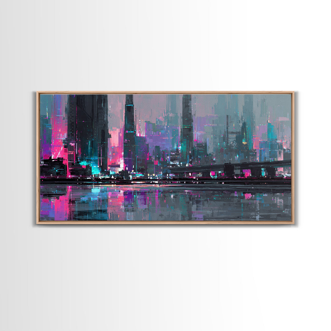 Futuristic City Skyline Canvas Print, Cyberpunk Art, Cyberpunk 2077, Living Room Decor, Fine Art, Neon, Cyberpunk Decor, CYB-2x1-94