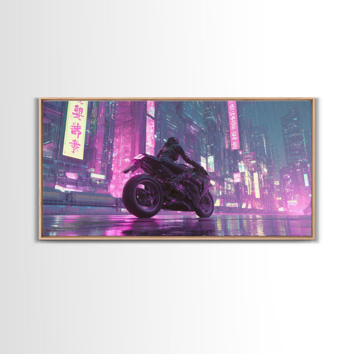 Motorcycle Rider under Holographic Signs Framed Canvas Print, Cyberpunk Art, Man Cave Decor, Living Room Decor, Fine Art, Neon, CYB-2x1-96