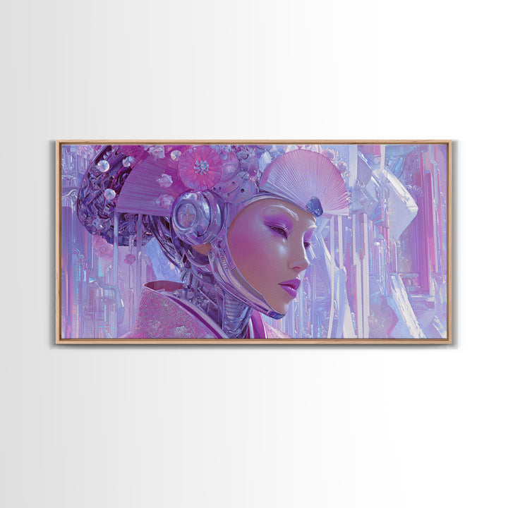 Robot Geisha Portrait Framed Canvas Print, Cyberpunk Art, Cool Wall Art, Living Room Decor, Fine Art, Neon, Gallery Decor, CYB-2x1-99