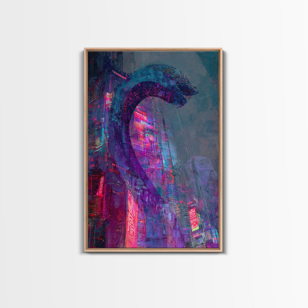 Neon Dragon Wrapped Around Skyscraper Shapes Framed Canvas Print, Cyberpunk Art, Poster, Living Room Decor, Fine Art, Neon, CYB-2x3-22