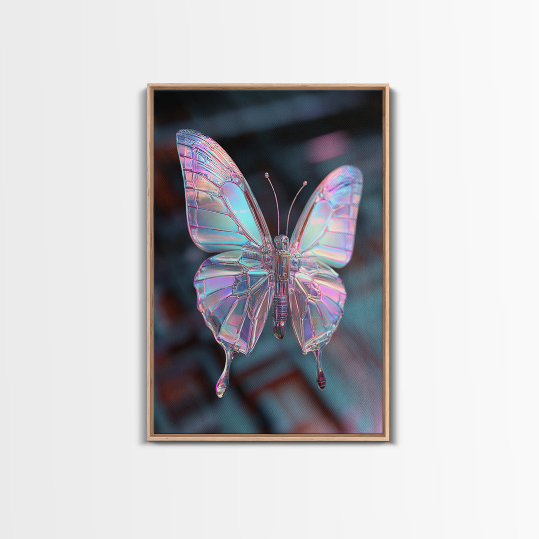 Holographic Butterfly over Black Metal Surface Canvas Print, Cyberpunk Art, Home Decor, Living Room Decor, Fine Art, Neon, CYB-2x3-27