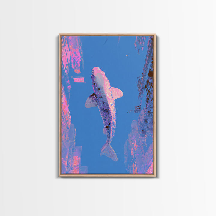 Cyberpunk Koi Swimming Through Electric Blue Water Framed Canvas Print, Cyberpunk Art, Movie Posters, Living Room Decor, Neon, CYB-2x3-37