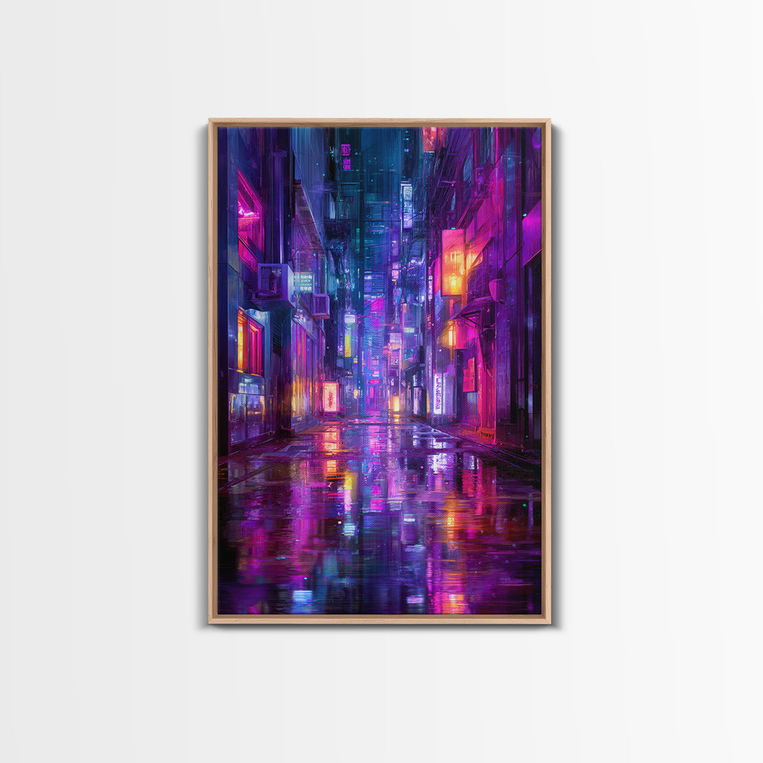Rain Soaked Alley Canvas Print, Cyberpunk Art, Contemporary Art, Living Room Decor, Abstract Art, Neon, Canvas Wall Art, CYB-2x3-40