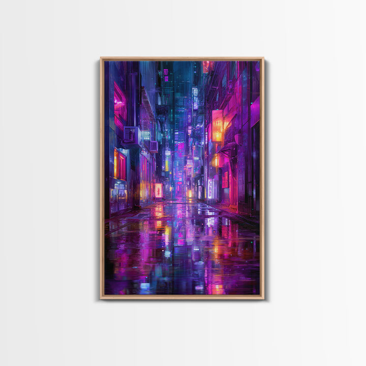 Rain Soaked Alley Canvas Print, Cyberpunk Art, Contemporary Art, Living Room Decor, Abstract Art, Neon, Canvas Wall Art, CYB-2x3-40