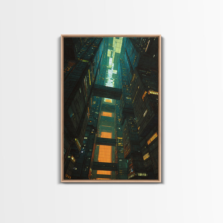 Retro Arcade Dystopia Framed Canvas Print, Cyberpunk Art, Living Room Decor, Watercolor Art, Neon, Japanese Wall Art, CYB-2x3-42