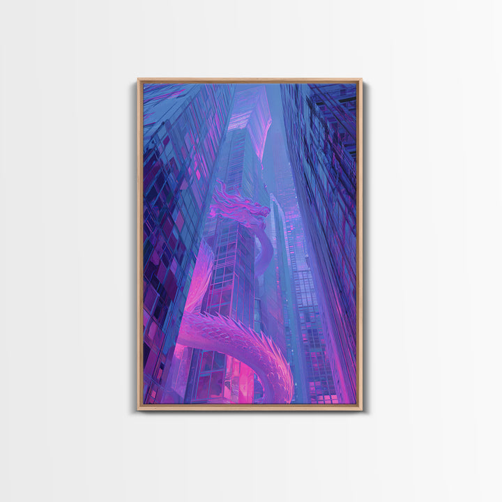 Neon Dragon Wrapped Around Skyscraper Shapes Framed Canvas Print, Cyberpunk Art, Poster, Living Room Decor, Fine Art, Neon, CYB-2x3-46