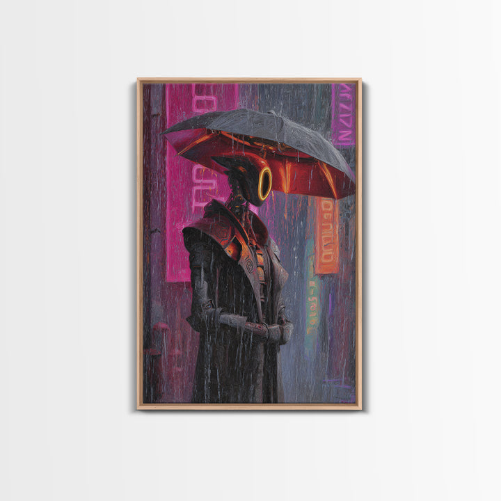 Glowing Umbrella Figure Framed Canvas Print, Cyberpunk Art, Canvas Wall Art, Living Room Decor, Fine Art, Neon, Space Art, CYB-2x3-47