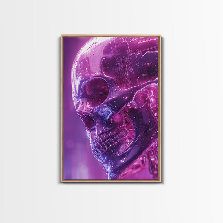 Cyberpunk Skull with Chrome and Violet Light Framed Canvas Print, Cyberpunk Art, Poster, Living Room Decor, Fine Art, Neon, CYB-2x3-52