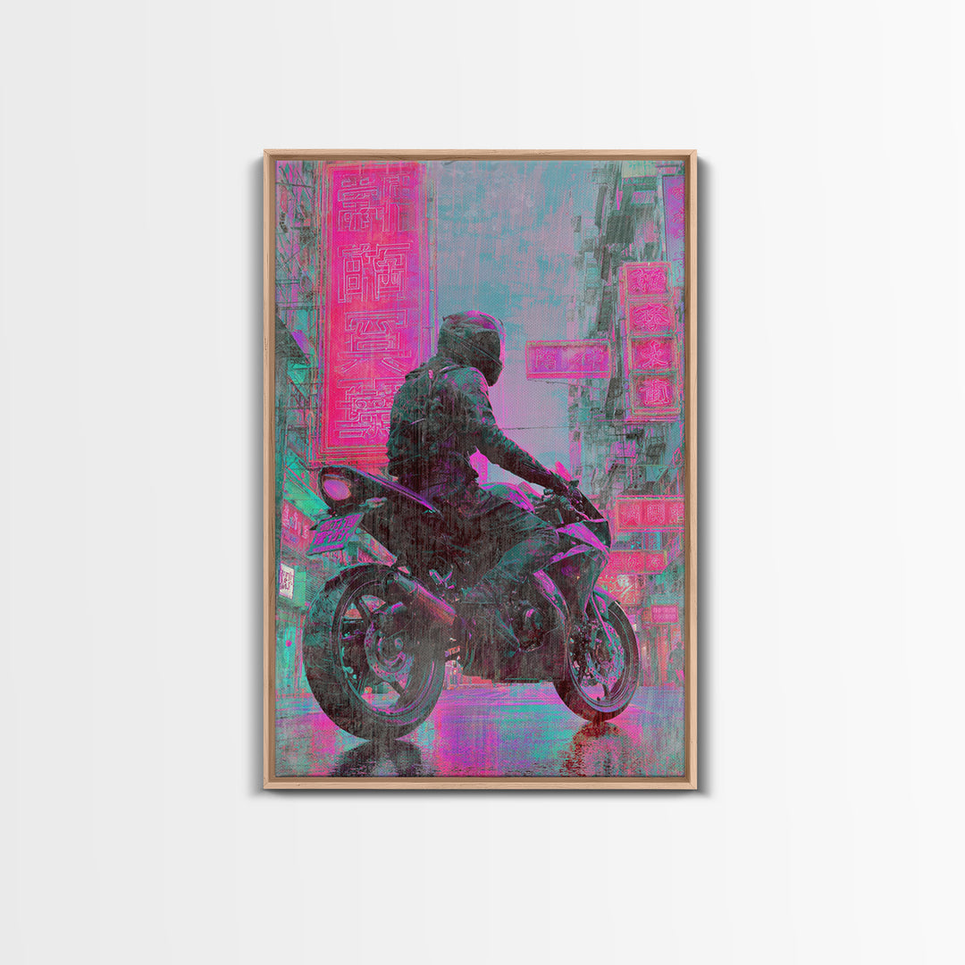 Motorcycle Rider under Holographic Signs Framed Canvas Print, Cyberpunk Art, Gothic Decor, Living Room Decor, Fine Art, Neon, CYB-2x3-60