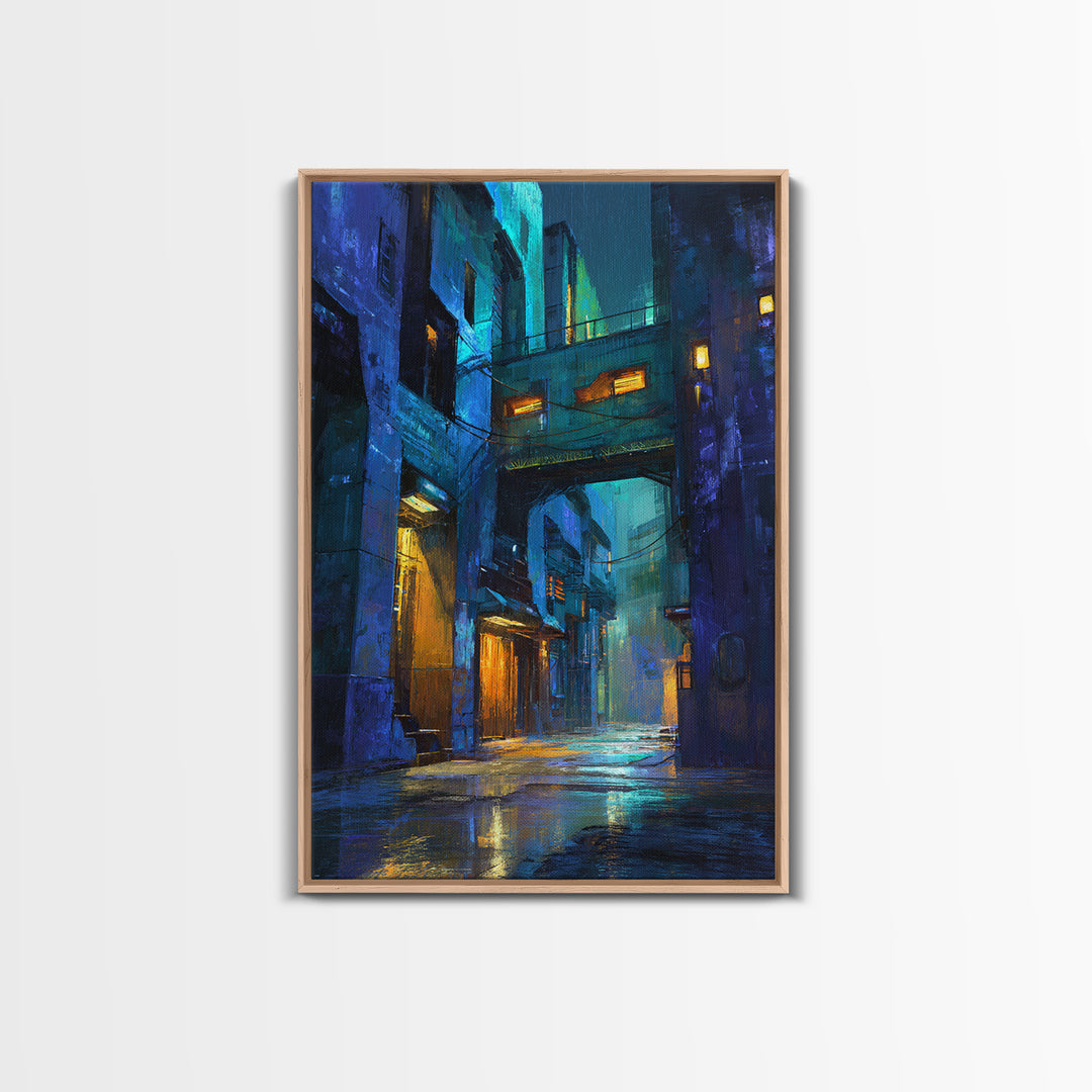 Rain Soaked Alley Framed Canvas Print, Cyberpunk Art, Art Print, Living Room Decor, Abstract Art, Neon, Blue Wall Art, CYB-2x3-64