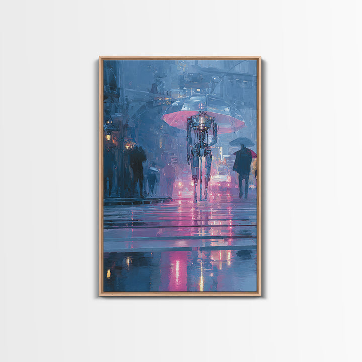 Glowing Umbrella Figure Canvas Print, Cyberpunk Art, Blue Wall Art, Living Room Decor, Fine Art, Neon, Modern Wall Decor, CYB-2x3-71