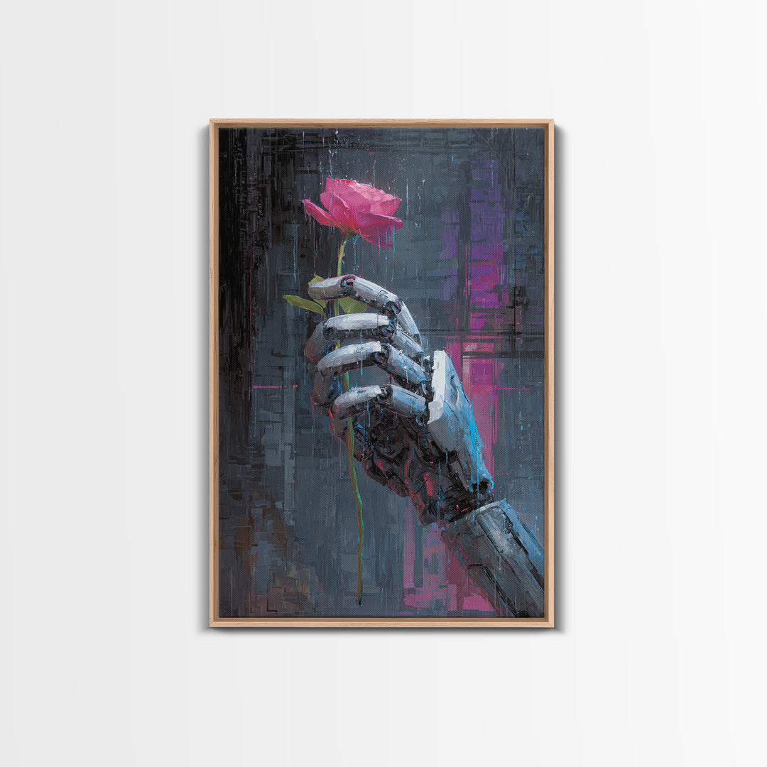 Robotic Hand Holding a Real Rose Canvas Print, Cyberpunk Art, Printable Wall Art, Living Room Decor, Oil Painting, Neon, CYB-2x3-72