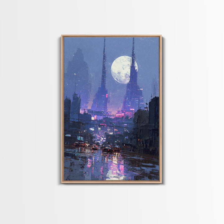 Dystopian Moon over Dense Rooftops Framed Canvas Print, Cyberpunk Art, Digital Wall Art, Living Room Decor, Watercolor Art, CYB-2x3-74