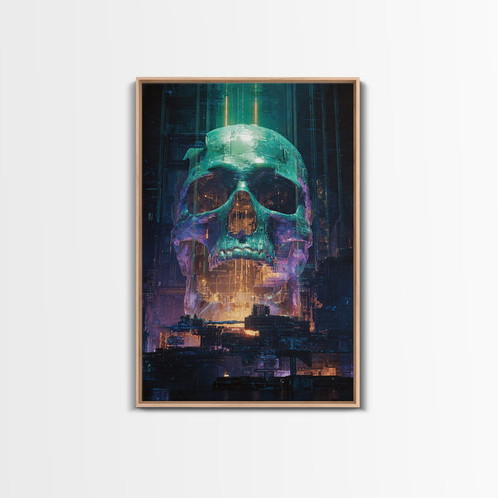 Cyberpunk Skull with Chrome and Violet Light Framed Canvas Print, Cyberpunk Art, Urban Wall Art, Living Room Decor, Neon, CYB-2x3-76