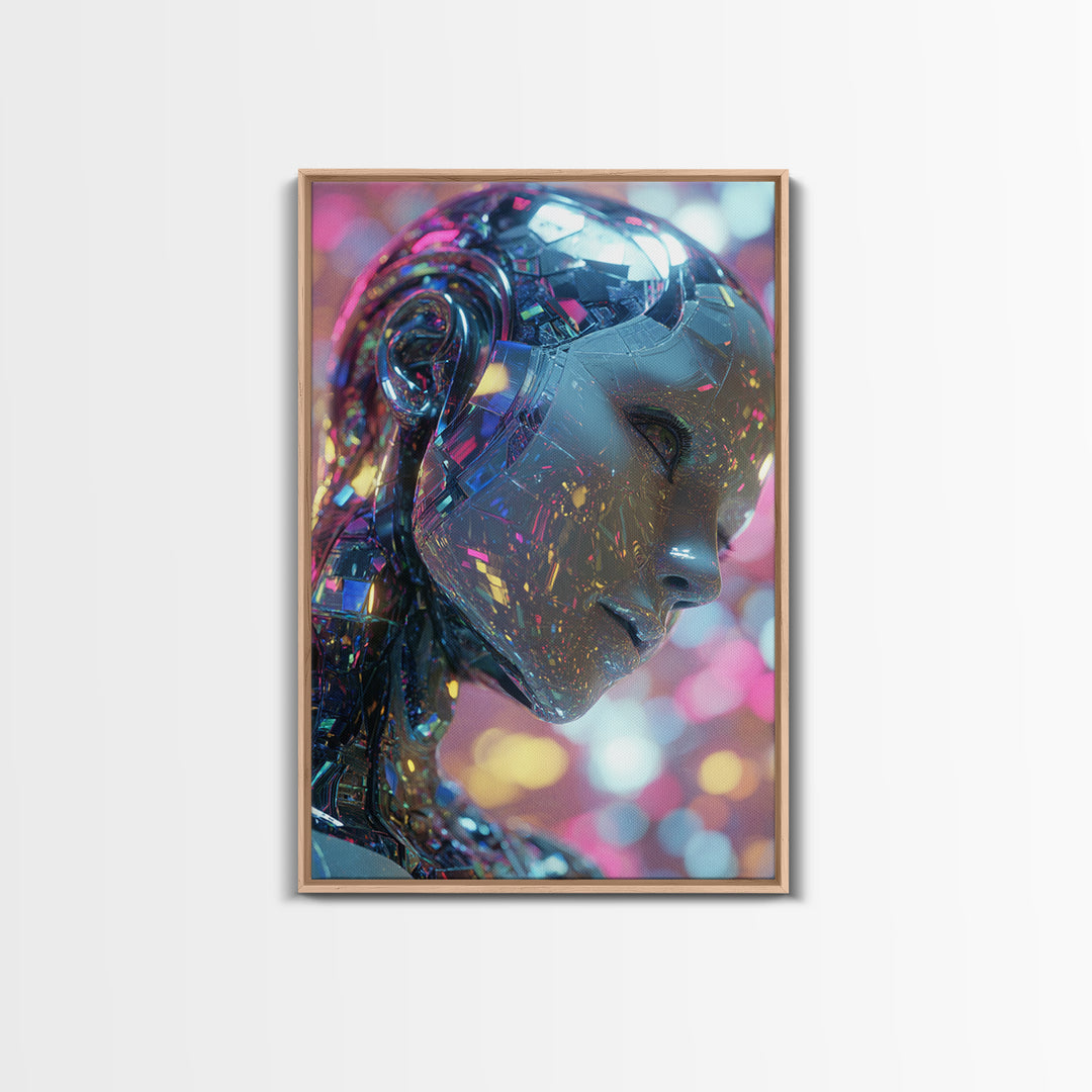 Ai Mask Portrait Framed Canvas Print, Cyberpunk Art, Fantasy Art, Living Room Decor, Oil Painting, Neon, Minimalist Decor, CYB-2x3-8