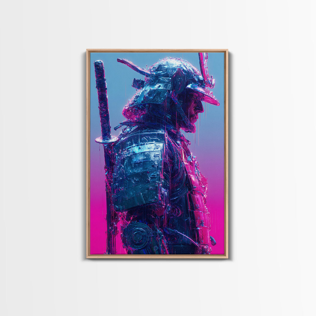 Neon Samurai Portrait Canvas Print, Cyberpunk Art, Man Cave Decor, Living Room Decor, Fine Art, Neon, Fine Art Print, CYB-2x3-81
