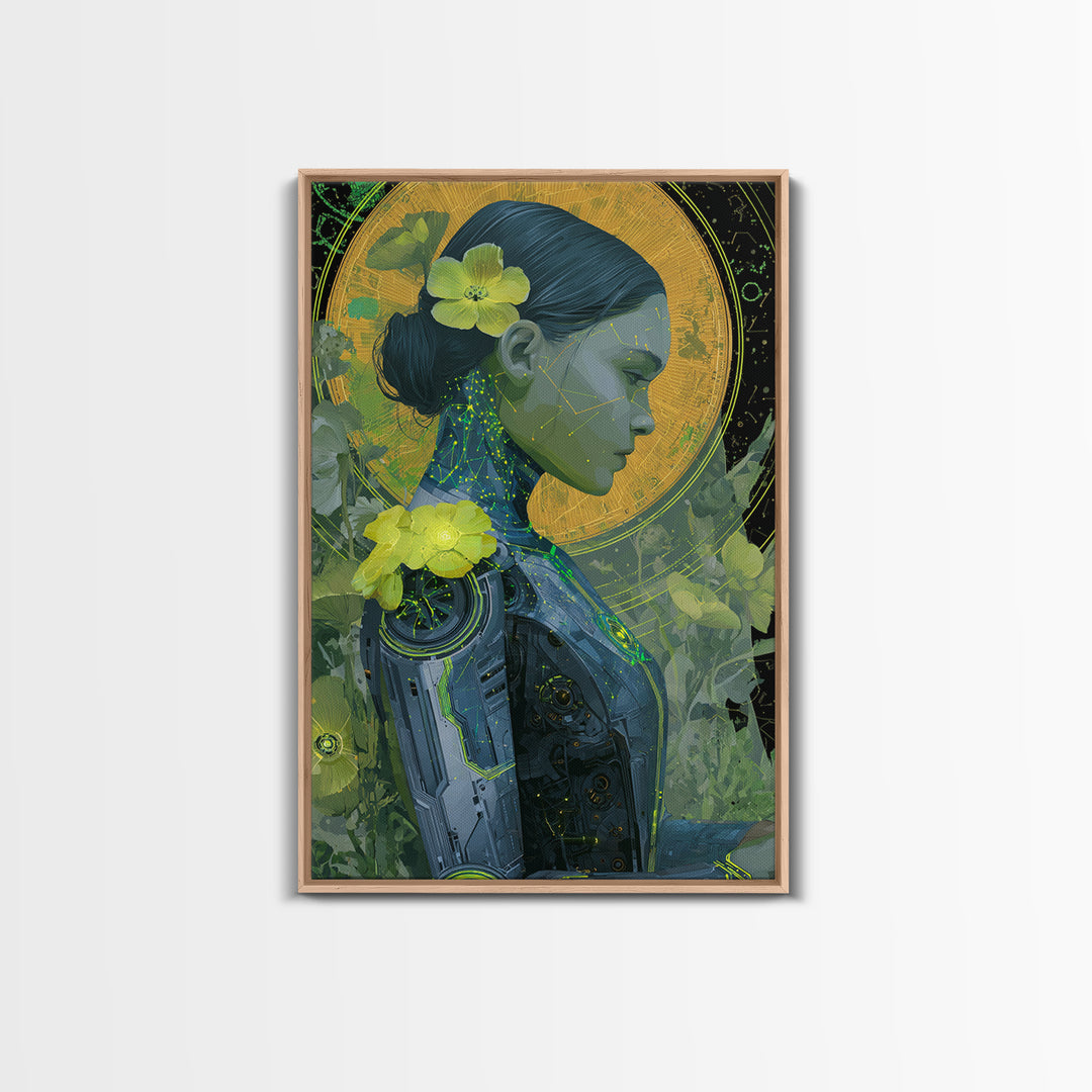 Android Woman with Glowing Circuitry and Flowers Framed Canvas Print, Cyberpunk Art, Cyberpunk Helmet, Living Room Decor, Neon, CYB-2x3-83