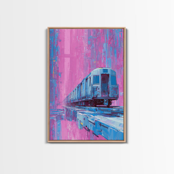 City Train Rushing Through Pink Electric Haze Framed Canvas Print, Cyberpunk Art, Cool Wall Art, Living Room Decor, Neon, CYB-2x3-93