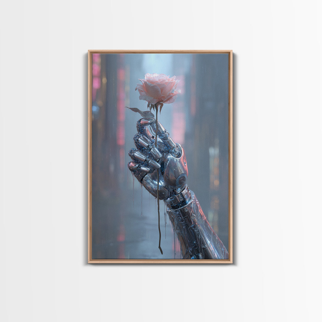 Robotic Hand Holding a Real Rose Canvas Print, Cyberpunk Art, Cool Wall Art, Living Room Decor, Fine Art, Neon, Gallery Decor, CYB-2x3-96