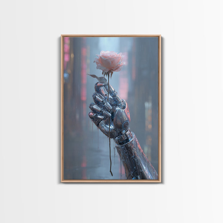 Robotic Hand Holding a Real Rose Canvas Print, Cyberpunk Art, Cool Wall Art, Living Room Decor, Fine Art, Neon, Gallery Decor, CYB-2x3-96