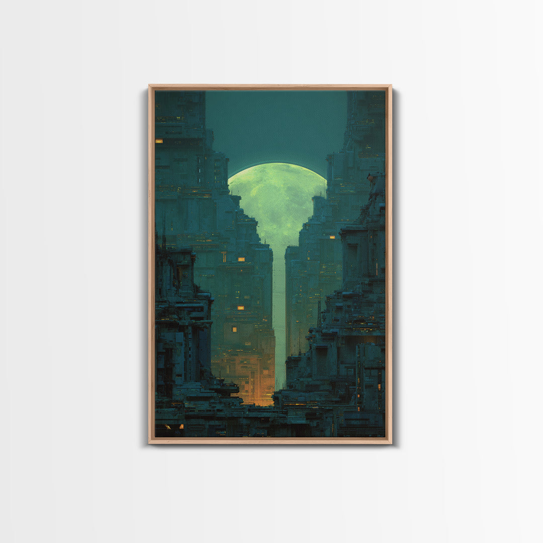 Dystopian Moon over Dense Rooftops Framed Canvas Print, Cyberpunk Art, Digital Wall Art, Living Room Decor, Watercolor Art, CYB-2x3-98